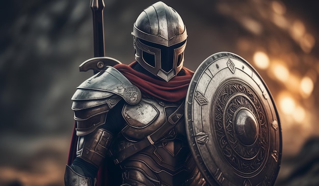 a knight with a sword and shield on his chest