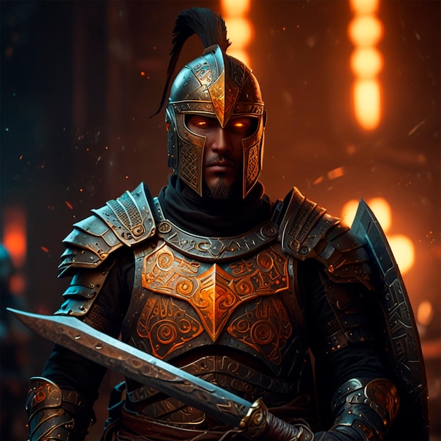 a knight with a sword and shield in his hand is standing in front of a dark background