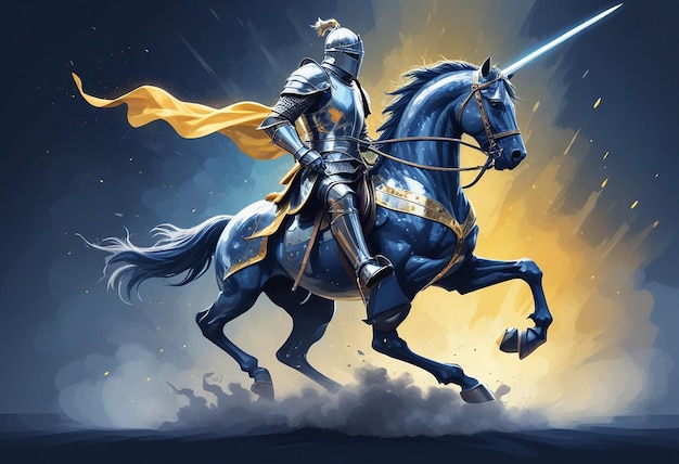 a knight with a sword and shield on his head is riding a horse