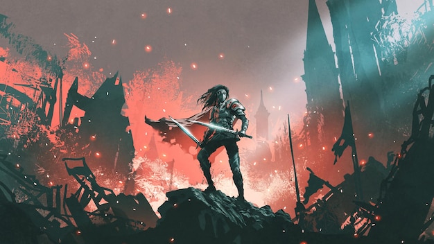 knight with twin swords standing on the rubble of a burnt city, digital art style, illustration painting