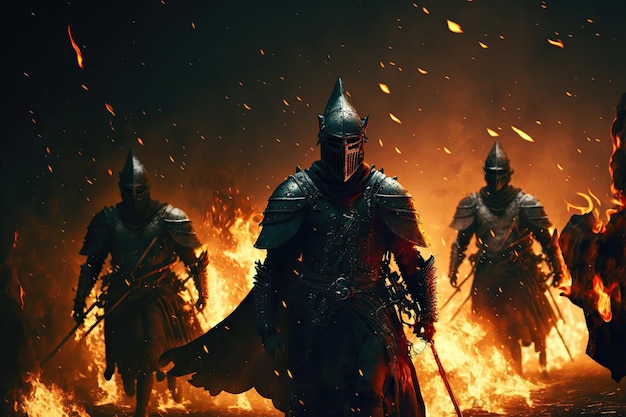 Knights on battlefield after victory Everything is on fire Knights are a warrior in armor and helmets Medieval Fantasy Battle