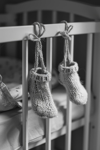 Photo knitted baby shoes on crib