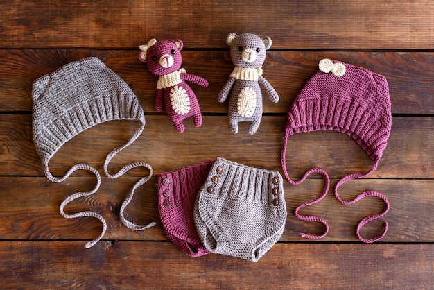 Knitted beautiful soft toys, hats and shorts for babies. Toys made with their own hands