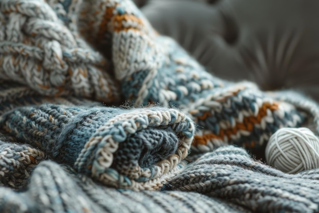 A knitted blanket with a ball of yarn on it