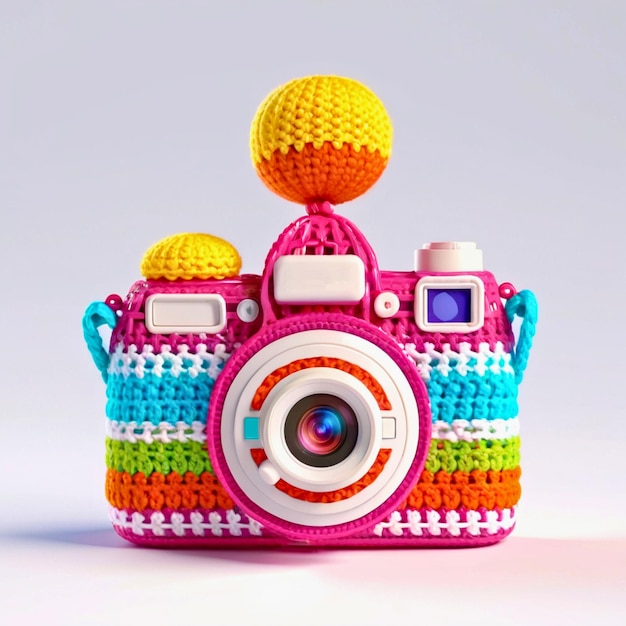 a knitted camera with colorful trim on a white background