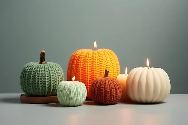 Knitted Colorful Pumpkins And Candles Representing Thanksgiving Home Decor Concept