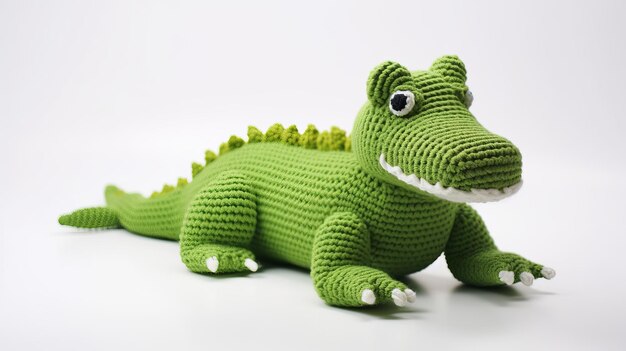 Photo knitted crocodile toy playful alligator in black and green