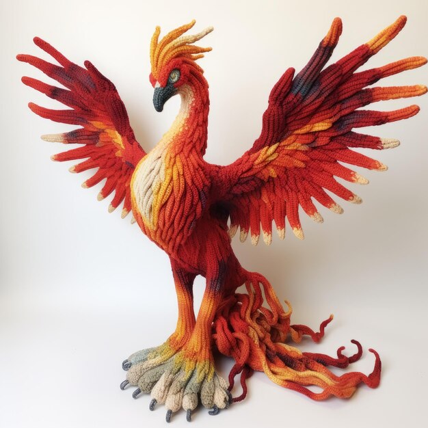 Photo knitted firebird sculpture hyperrealistic animal illustration in neogeo style