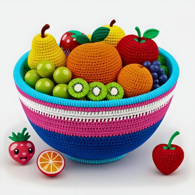 a knitted fruit bowl with apples grapes lemons and strawberries