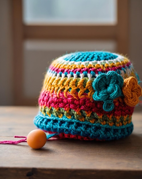 Photo a knitted hat with a flower on it sits on a table