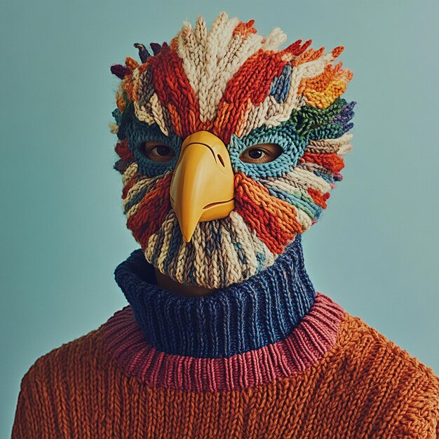 Photo knitted majesty symmetrical eagle mask in surreal fashion photography