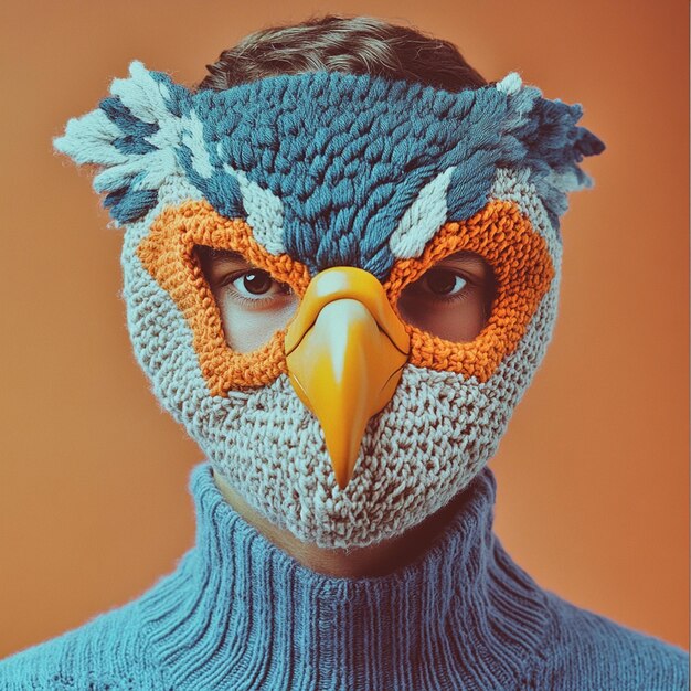 Photo knitted majesty symmetrical eagle mask in surreal fashion photography