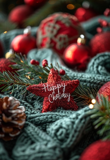 Photo a knitted ornament with a star on it is decorated with balls and balls