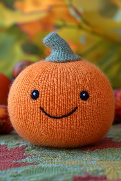 Photo knitted pumpkin toy with smiling face