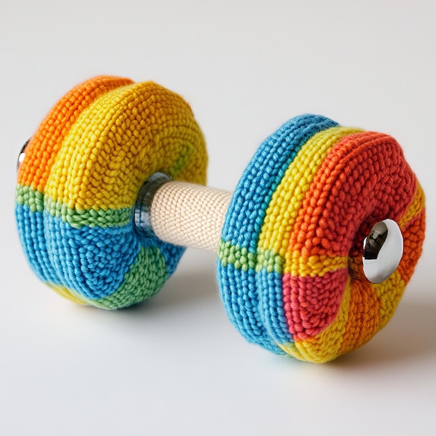 Photo knitted rainbow dumbbell toy colorful crochet art