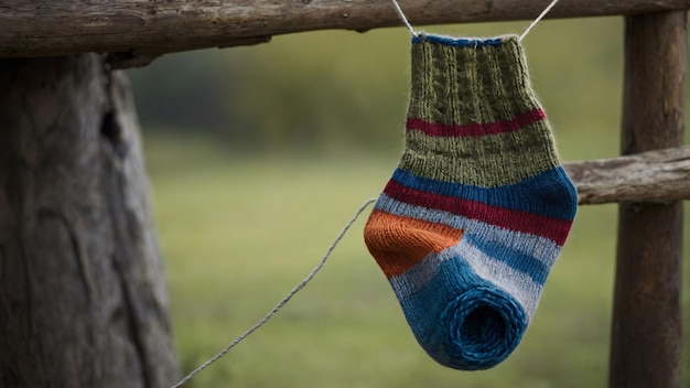 Knitted sock hanging on a country fence