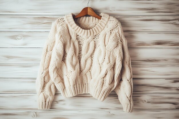 Knitted sweater on hanger on white wooden background