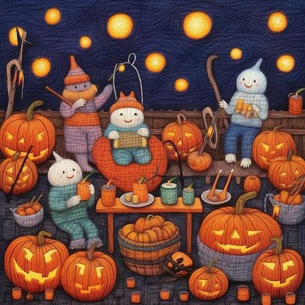 Knitted Watercolor Halloween Night Background