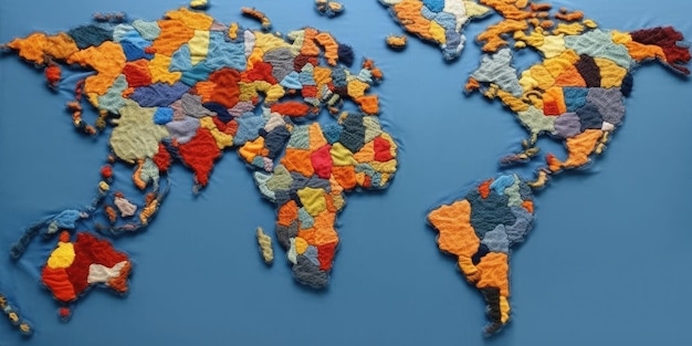 Knitted world map in various colors on a dark background creative art aig