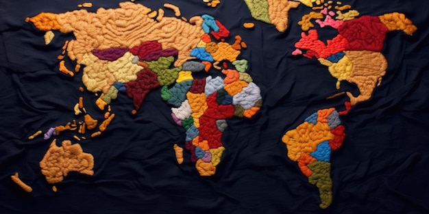 Photo knitted world map in various colors on a dark background creative art aig