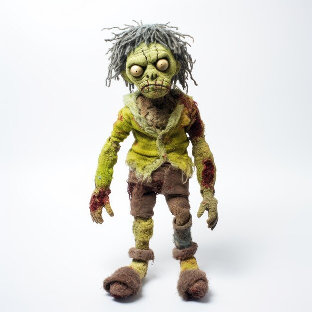 Photo knitted zombie stuffed doll on white background