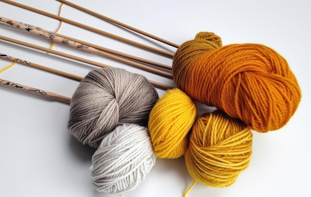 Knitting yarn balls and needles on a WHITE background