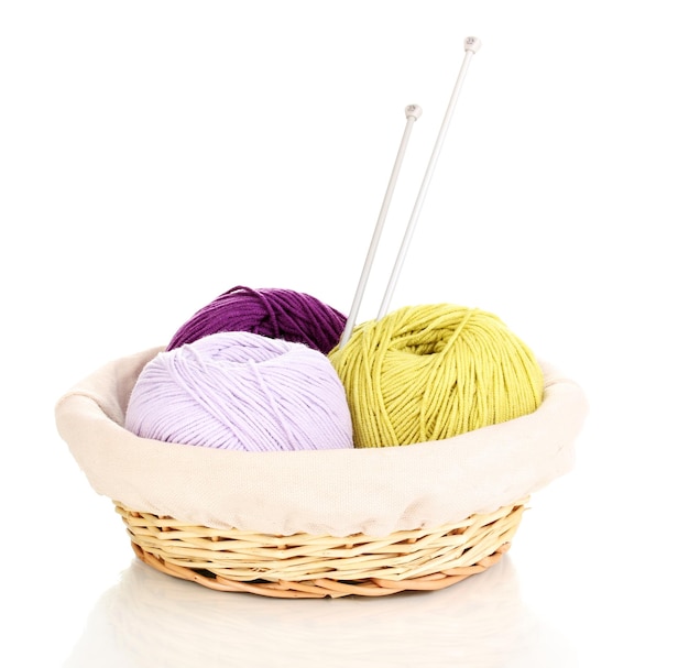 Knitting yarn in basket isolated on white