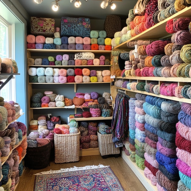 A knitting and yarn store with a variety of yarns patterns and knitting supplies