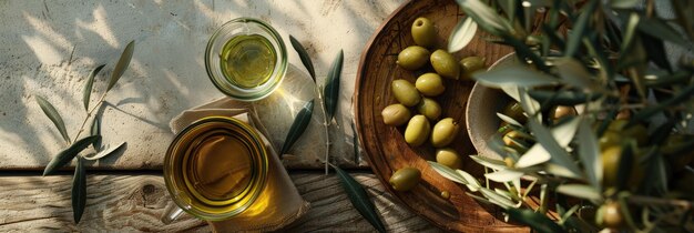 Photo knolling photography of olive tree products and good mood essentials