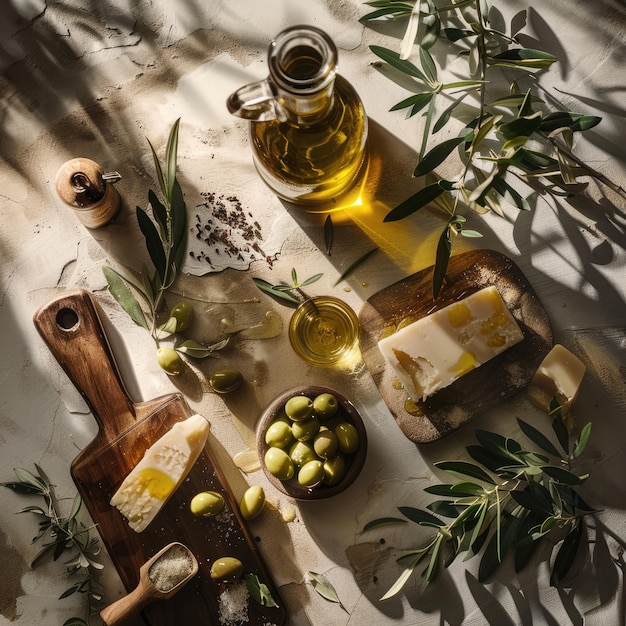 Photo knolling photography of olive tree products and good mood essentials