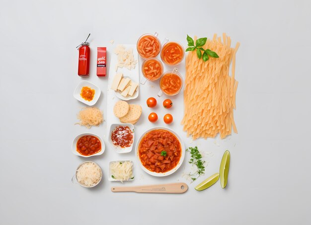 Knolling style of Amatriciana pasta