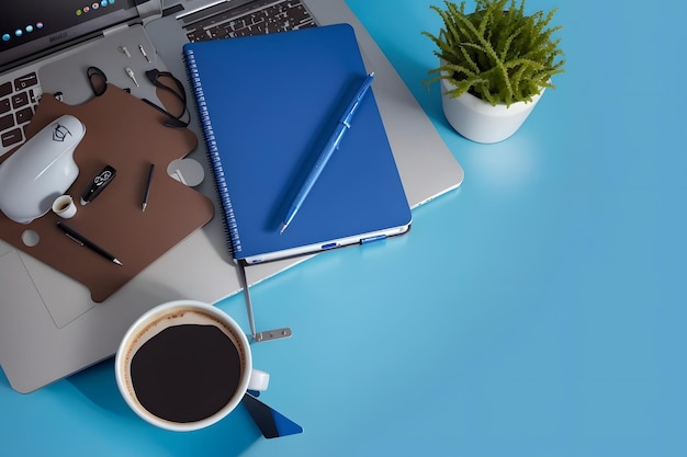 Knolling style shot of Coffee Break Laptop and Notebook on Blue Desk