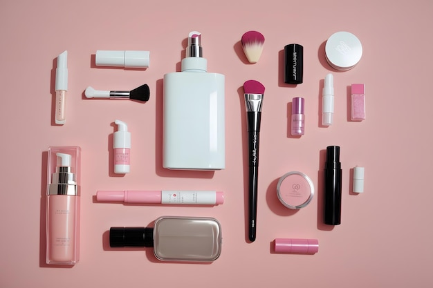 Knolling style shot of Contents Of Makeup Bag with a variety of beauty products