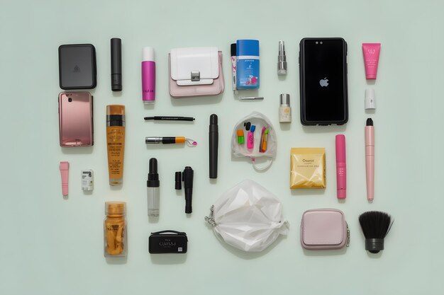 knolling style shot of Contents Of A Womans bag