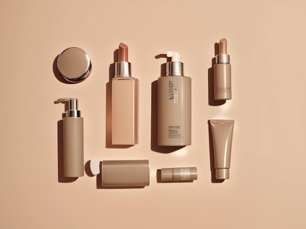 Photo knolling style shot of cosmetic products in monochrome beige color