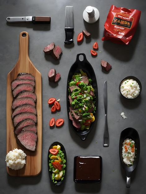 knolling style shot of Home inventory Cooking a fresh beef steak