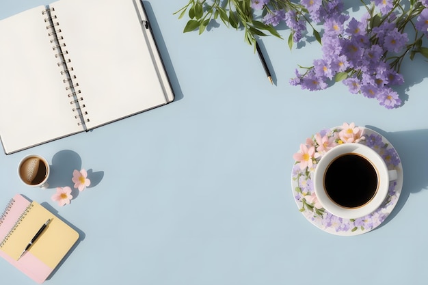 Knolling style shot of Notebook office supplies cup of coffee and spring flowers on light blue bac