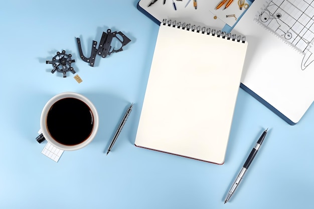 Knolling style shot of office workspace with empty open notebook