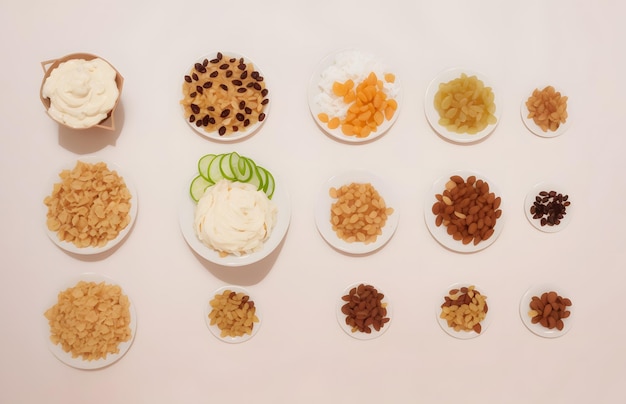 Knolling style shot of Serial food and dry fruits