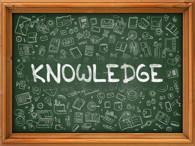 Knowledge Concept Modern Line Style Illustration Knowledge Handwritten on Green Chalkboard with Doodle Icons Around Doodle Design Style of Knowledge Concept