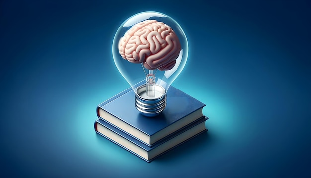 Knowledge Illumination Brain Lightbulb on Stacked Books