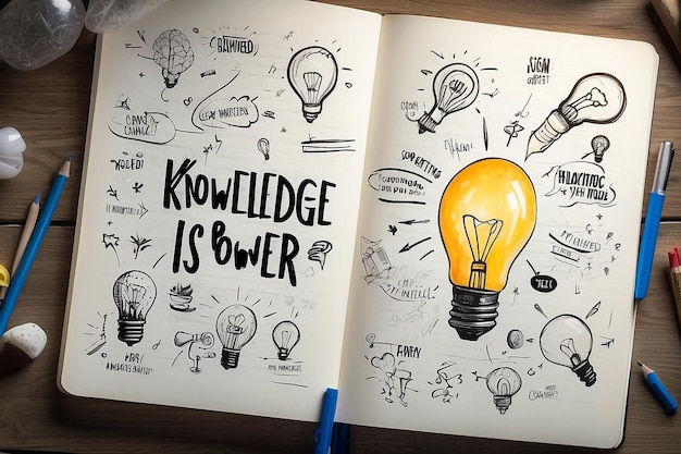 Photo knowledge is power text on sketching notebook with many light bulbs