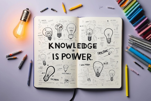 Photo knowledge is power text on sketching notebook with many light bulbs