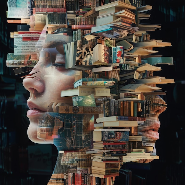 Knowledge and science books artistic graphic collage Generative AI illustration