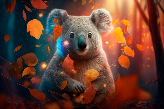 Koala in autumn between colorful leaves in the foliage AI generated Content