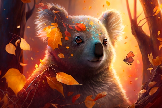 Koala in autumn between colorful leaves in the foliage AI generated Content