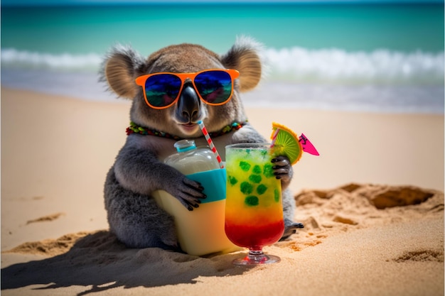 Koala on the beach with a cocktail