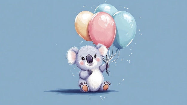 a koala bear holding balloons and a blue background with a teddy bear