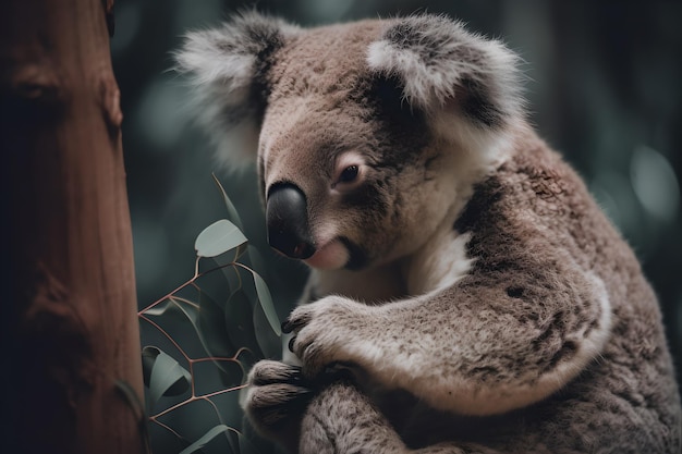 A koala bear is perched on a branch