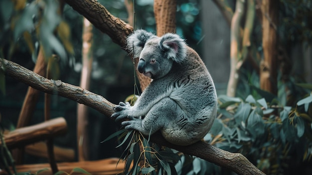 Koala bear sit on the branch of the tree and eat leaves